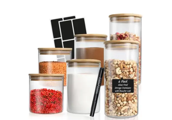 6 Glass Jars with Lids & Chalkboard Labels - Airtight Food Storage Containers