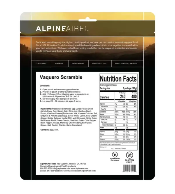 AlpineAire Vaquero Scramble Freeze-Dried Camping Meal - Image 2
