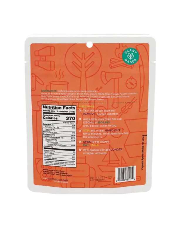 Good To-Go Single Serve Pasta Marinara - Dehydrated Meal - Image 2