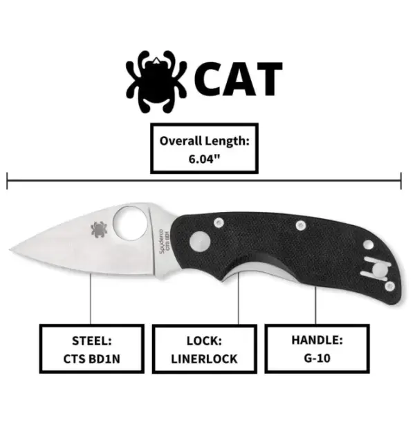 Spyderco Cat Black G10 Plain Edge Pocket Knife - Image 2