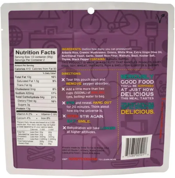 Good To-Go 2-Serving Mushroom Risotto Dehydrated Backpacking Meal - Image 2