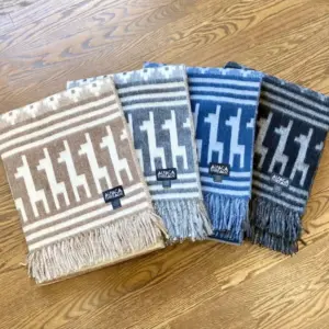 Andean Alpaca Wool Throw Blanket in Blue Chakana Design