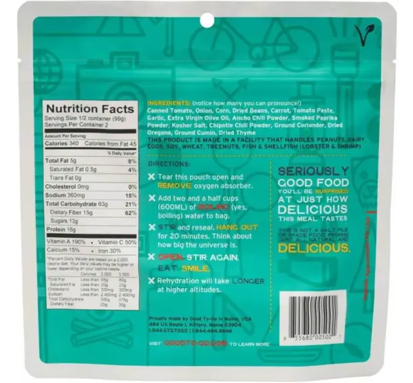 Good To-Go Dehydrated Smoked Three Bean Chili Camping Meal 2-Serving - Image 3