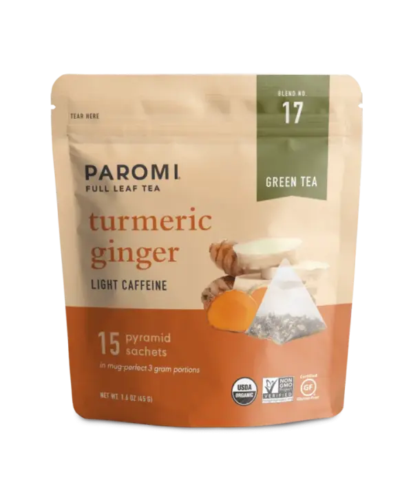 Organic Turmeric Ginger Green Tea Bags - Full Leaf Pyramid by Paromi