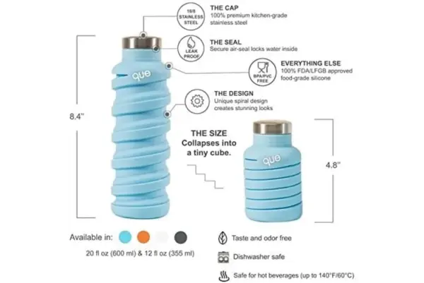 Collapsible Water Bottle 12oz - Portable & Space-Saving Que Bottle